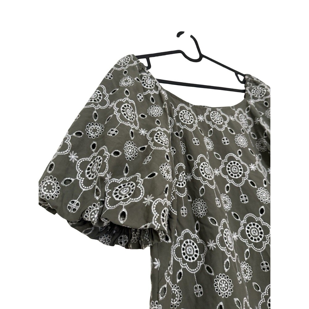Talbots Green Embroidered Puff Sleeve Dress Size 12 Boho Eyelet Floral Shift - Picture 3 of 7